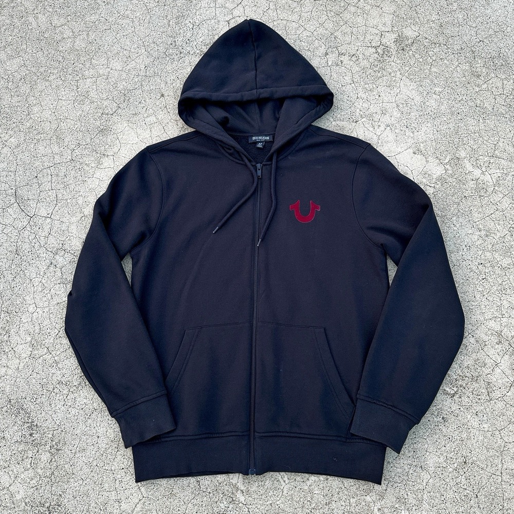True Religion Hoodie Mens Size M Black Full Zip Horseshoe Logo Sweatshirt Casual